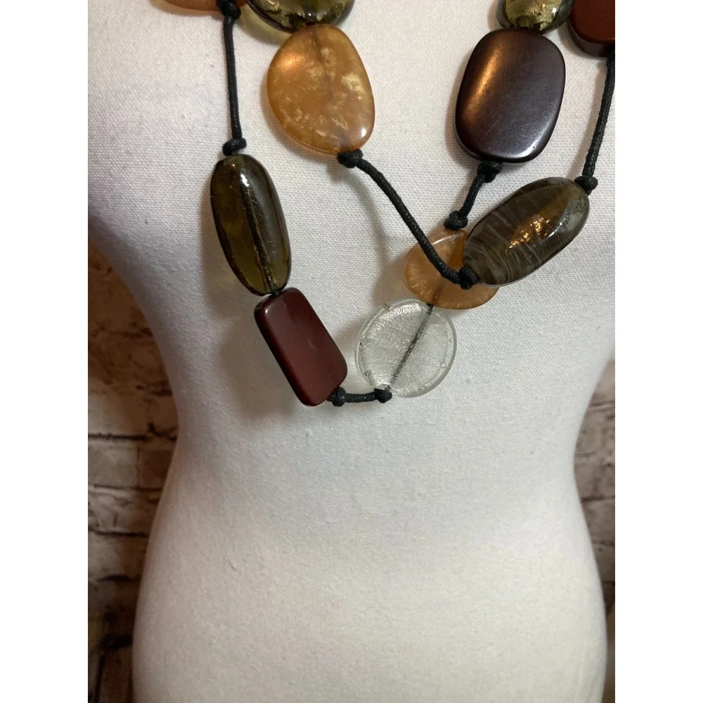 Boho Long Cord Necklace Mixed Resin Beads Artsy Brown Olive Modern Earthy Ethnic